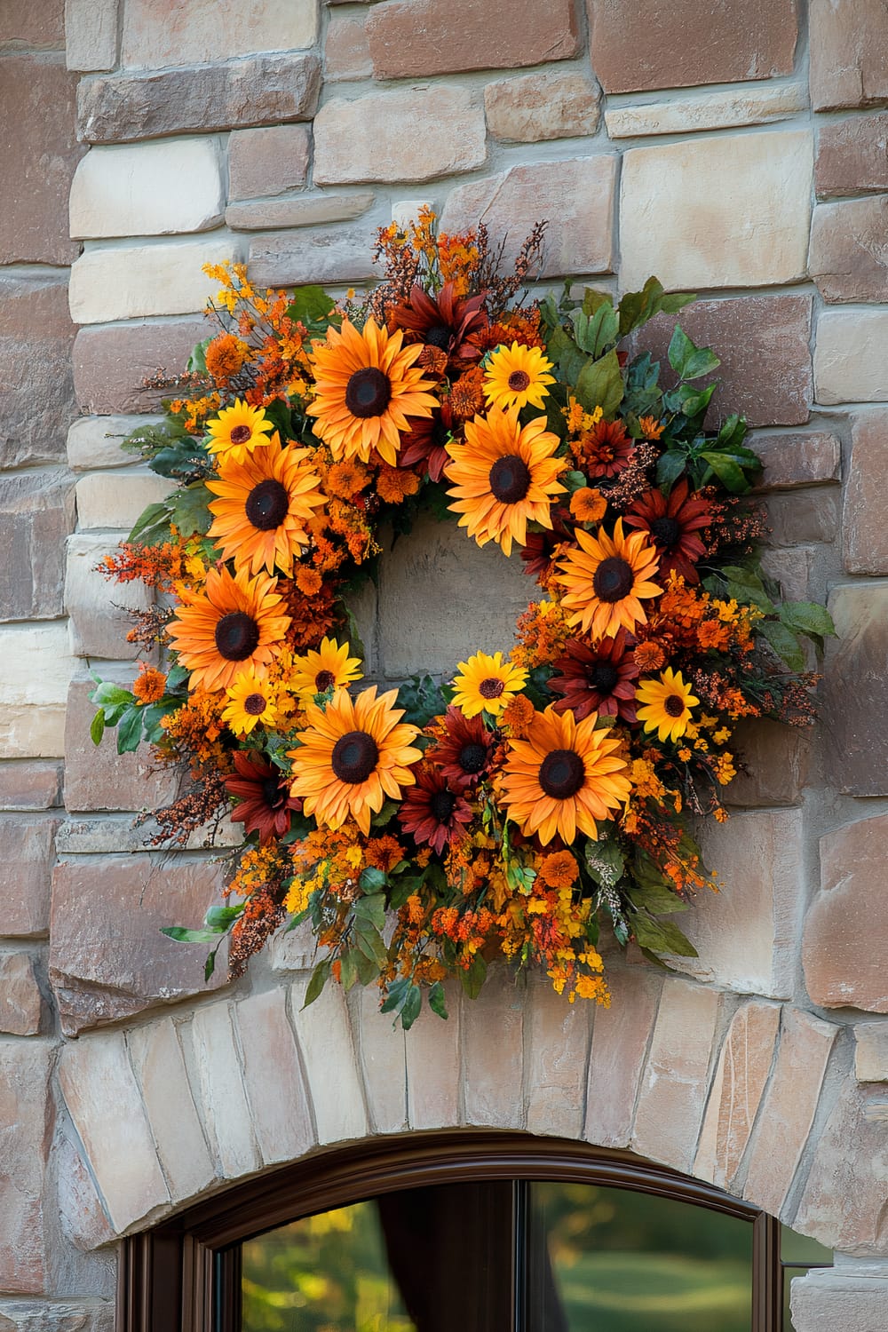 A vibrant autumn wreath adorned with large sunflowers and various autumn foliage is affixed to a rustic stone wall. The sunflowers are prominently spread across the wreath, interspersed with red and orange flowers, creating a rich mix of fall colors. The stone wall is composed of irregularly shaped stones in shades of beige, brown, and soft gray, enhancing the wreath's warm tones.