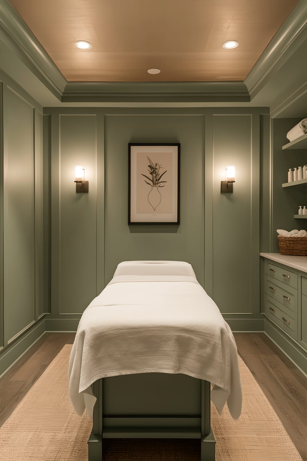 An overhead view of a serene, well-organized spa room anchored by a massage table covered in white linens. The space is characterized by soothing sage green walls, warm ambient light from wall sconces, and minimalistic storage holding neatly arranged wellness essentials.