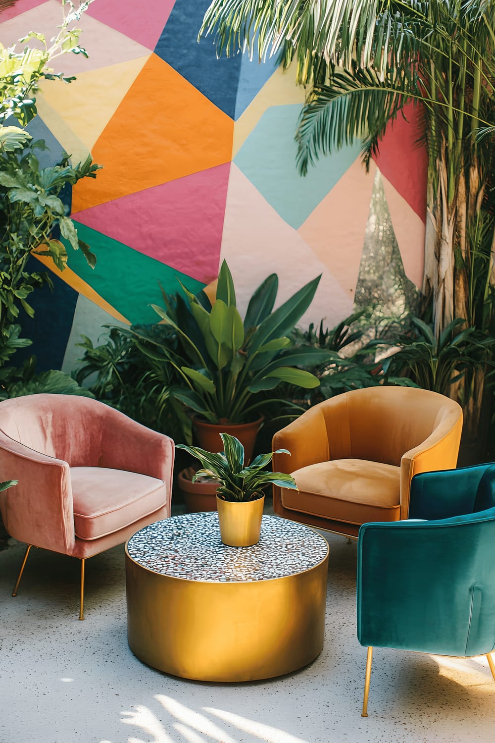 A vibrant outdoor patio featuring mismatched velvet chairs in teal, mustard, and blush pink hues, situated around a coffee table with bold terrazzo tilework. The area is framed by lush tropical plants like monstera and fiddle leaf figs housed in gold ceramic pots, and a striking geometric mural in the backdrop blends harmoniously with the overall design. Sunlight entering the patio creates a dramatic play of light and shadows on the furniture and decor.