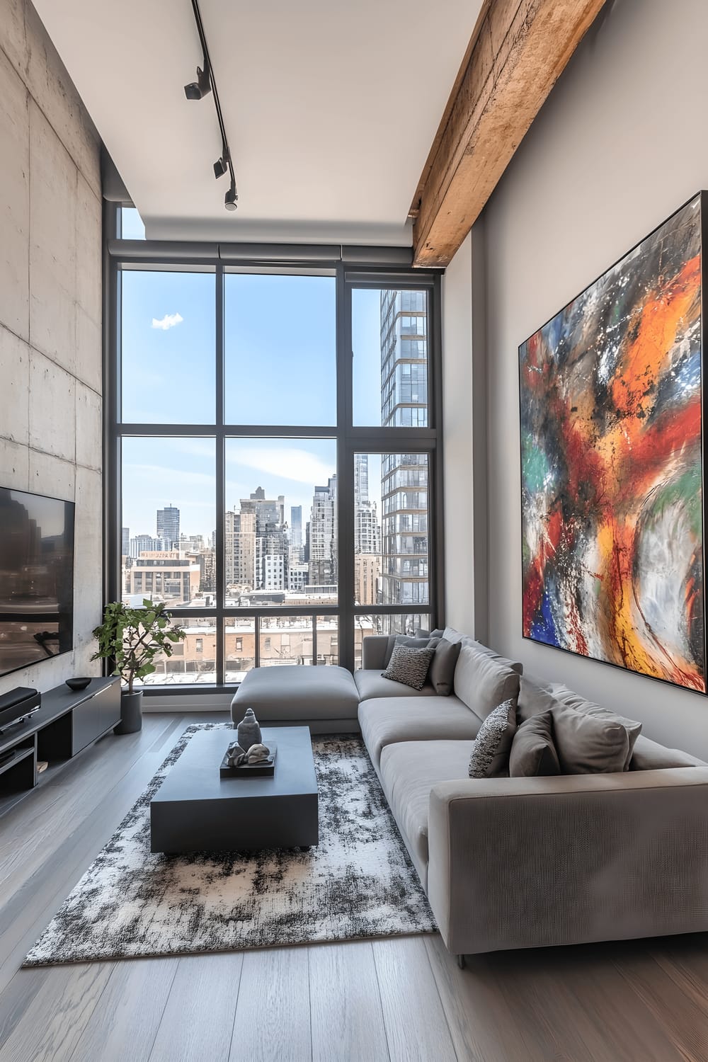 A spacious, well-lit, and stylish living room observed from an outside perspective through a wide window. The room features a sleek gray sectional sofa positioned across a minimalist media console. On the wall hangs a large abstract painting. The room is bathed in sunlight, highlighting immaculate and modern decor.