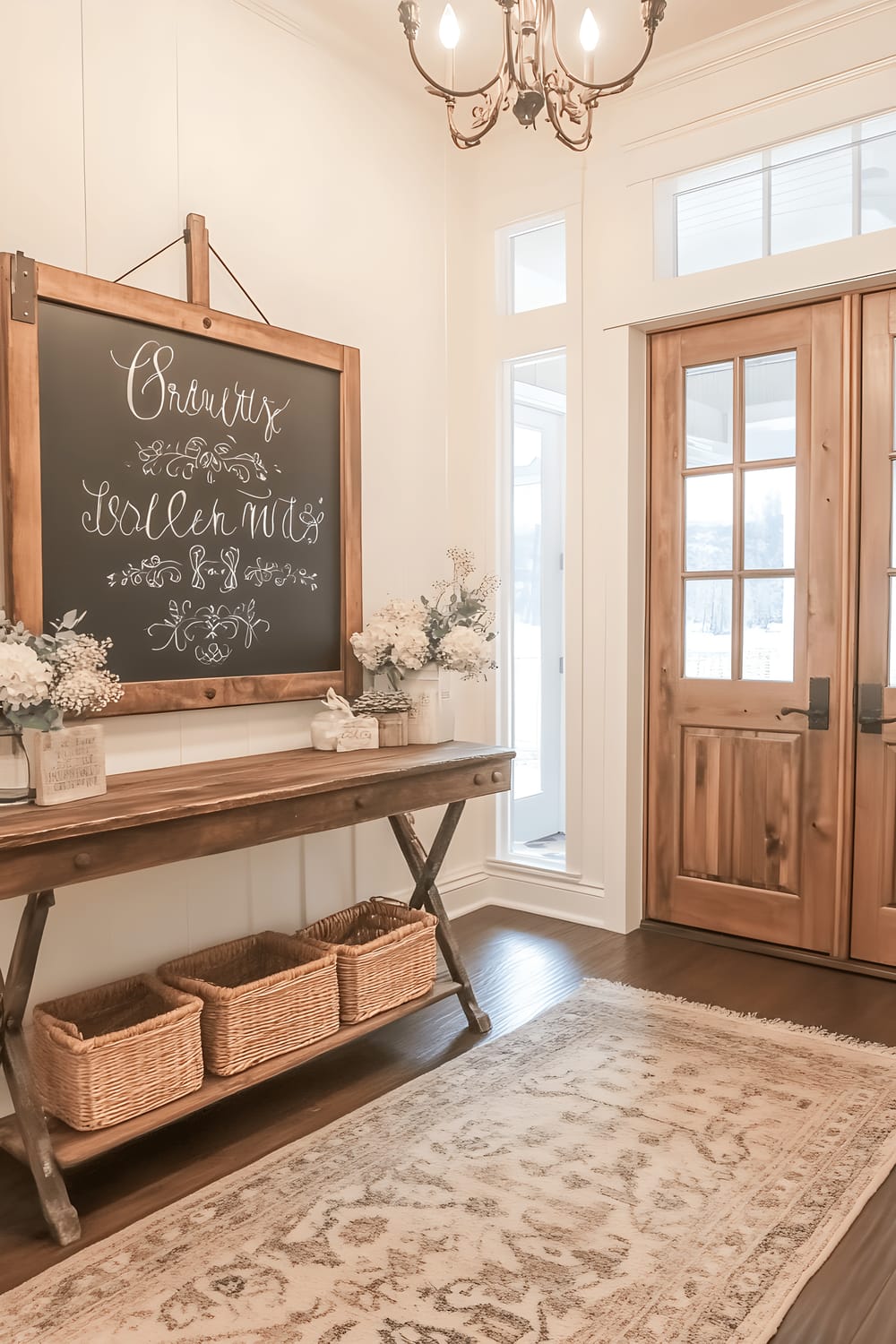 A farmhouse-style entryway featuring a wooden console table under a wall-mounted chalkboard bearing a welcoming message in elegant cursive writing, surrounded by floral design. The area is styled with vintage metal ornaments and a woven rug laid atop a rustic wooden floor. Above, a wrought iron chandelier illuminates the space, and towards the right, large barn-style doors with frosted glass add a rustic touch.