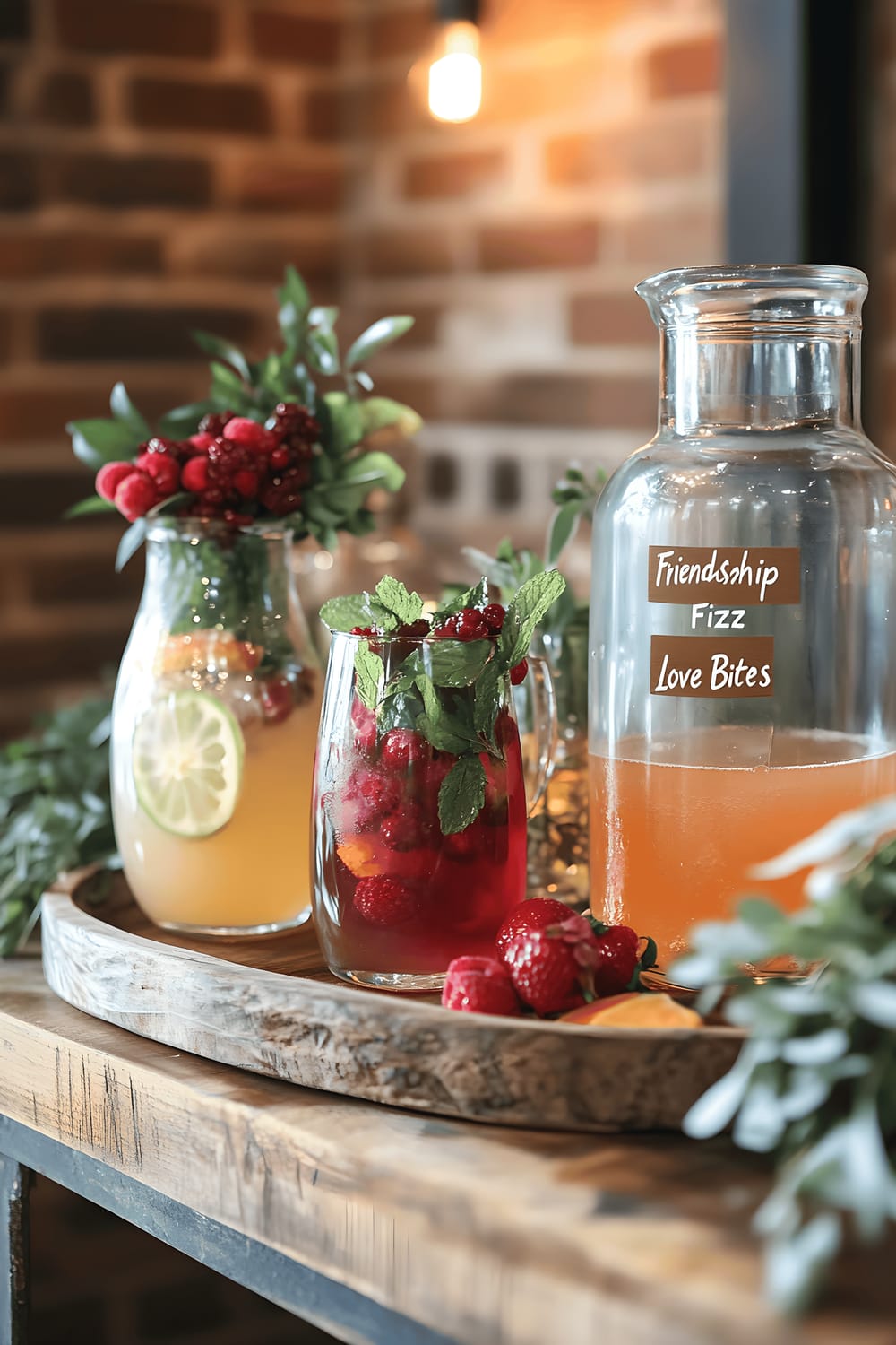 A minimal waste beverage station featuring reusable glass pitchers filled with fresh juices and sparkling water, served in elegant glass tumblers. Decorative glass jars labeled with "Friendship Fizz" and "Love Bites" contain fresh berries and mint sprigs. The setup includes a wooden tray and reusable cloth napkins.