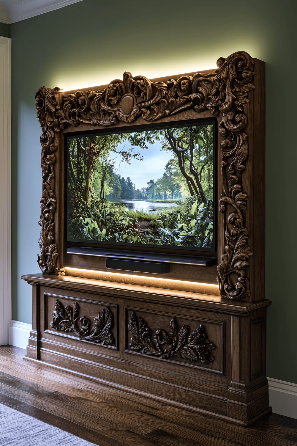 A flat-screen TV is hidden within an intricate, carved frame made of reclaimed oak. The frame's design blends impeccably with the muted sage green wall behind it. Hidden LED lighting softly highlights the TV.