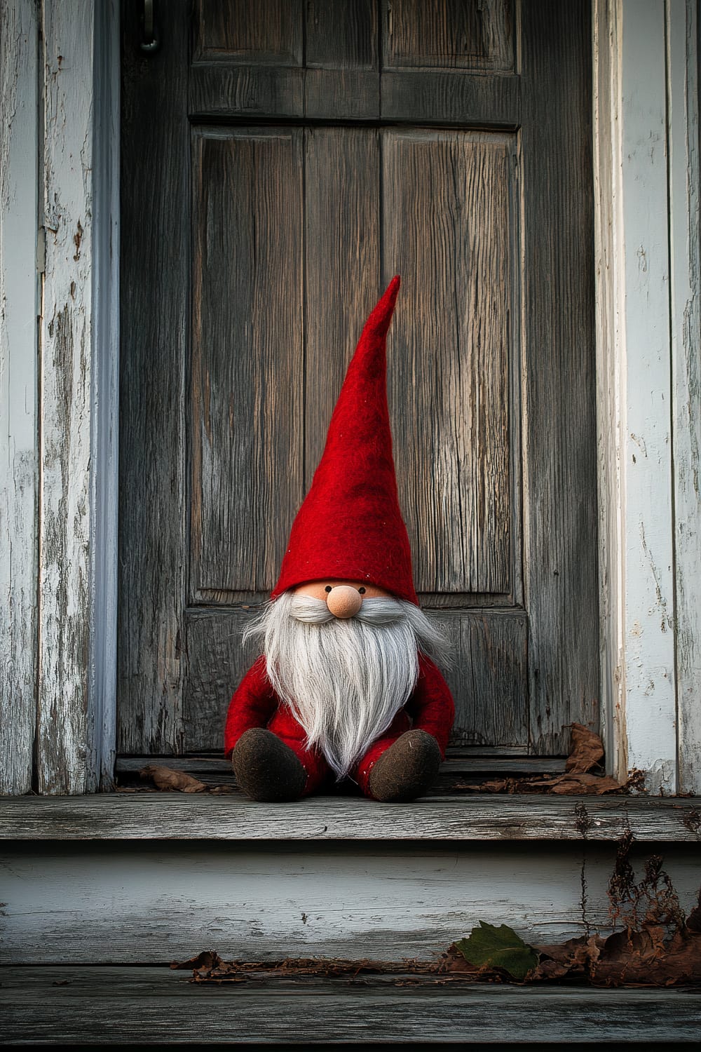 A solitary Christmas gnome with a bold red hat and a long white beard sits on a clean porch step. The wooden backdrop has a worn and weathered texture, contrasting with the gnome's vibrant hat. The lighting highlights the details of the gnome's features and the wood grain.