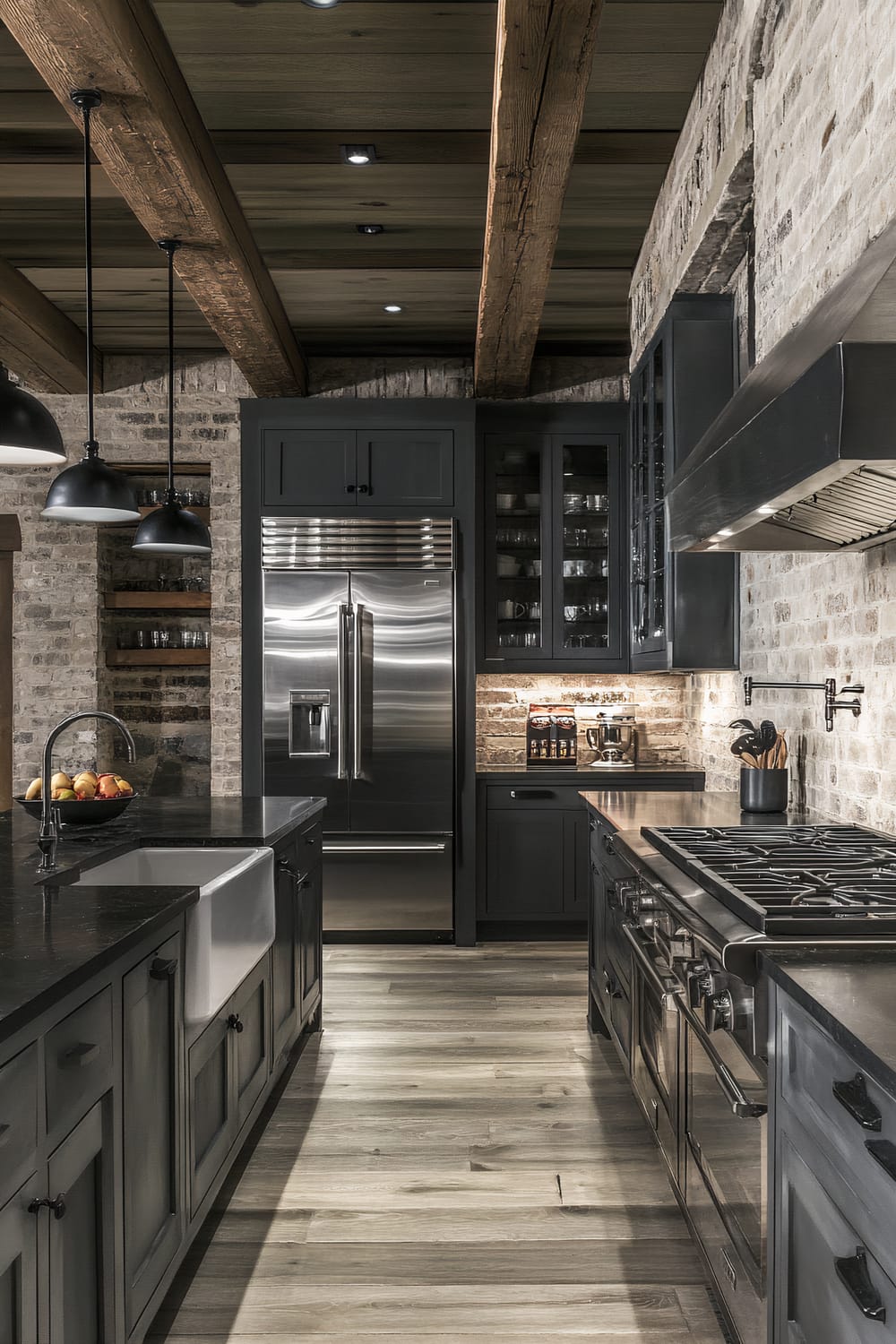 A dramatic moody farmhouse kitchen with charcoal grey cabinetry, dark wood accents, and black quartz countertops. A stainless steel refrigerator and gas range are present, along with bold dark pendant lights. Exposed brick walls and distressed wooden beams add rustic texture. The lighting is cinematic, creating strong shadows and highlights.