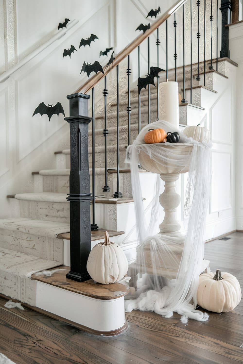 An elegantly decorated staircase features a Halloween theme. Dark paper bats are attached to the white stair wall and the dark railing. The wooden steps are styled with a patterned runner. At the bottom of the stairs, a stone pedestal is wrapped in white web-like fabric, topped with a tall white candle, and small pumpkins in white, orange, and black. Several larger white pumpkins are placed on and around the step base. The space has rich wooden flooring and paneled cream-colored walls.