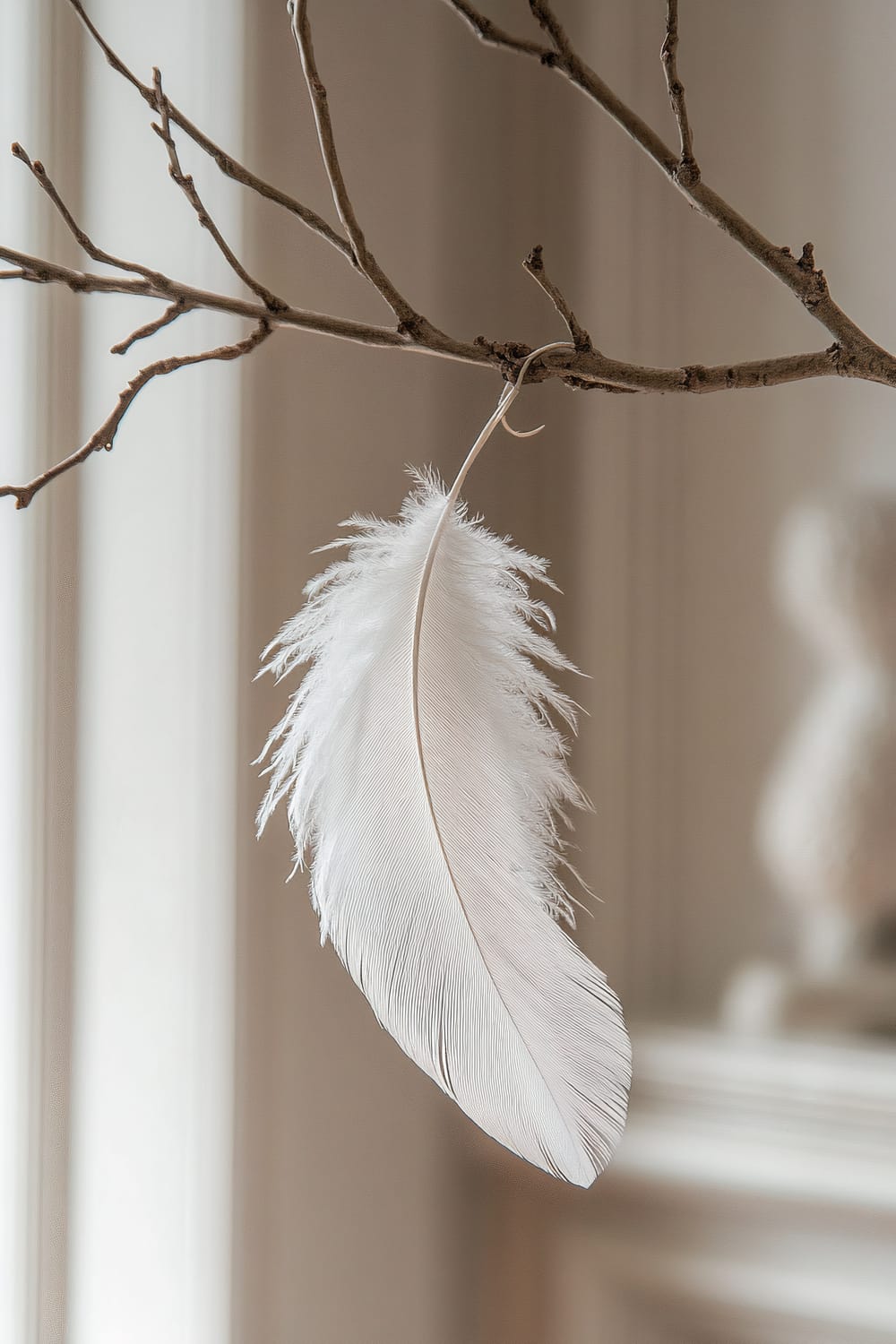 A close-up image showing a delicate white feather ornament attached to a thin, rustic wooden branch. The feather, with finely detailed barbs, is softly lit by natural light coming from a nearby window. The background features blurred details of a traditionally styled living room.