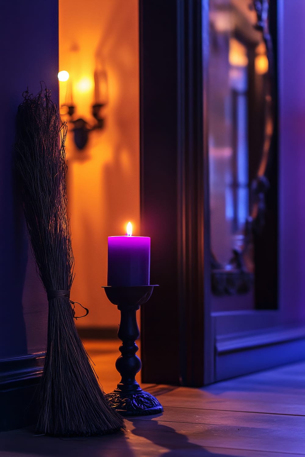 A modern entryway features a glowing purple candle in a black holder as the centerpiece. The candle is flanked by a bundle of dried broomsticks and a vintage mirror that seems to reflect a shadowy presence. The ambient lighting is soft and eerie, with hints of orange and purple hues contributing to the mysterious atmosphere.