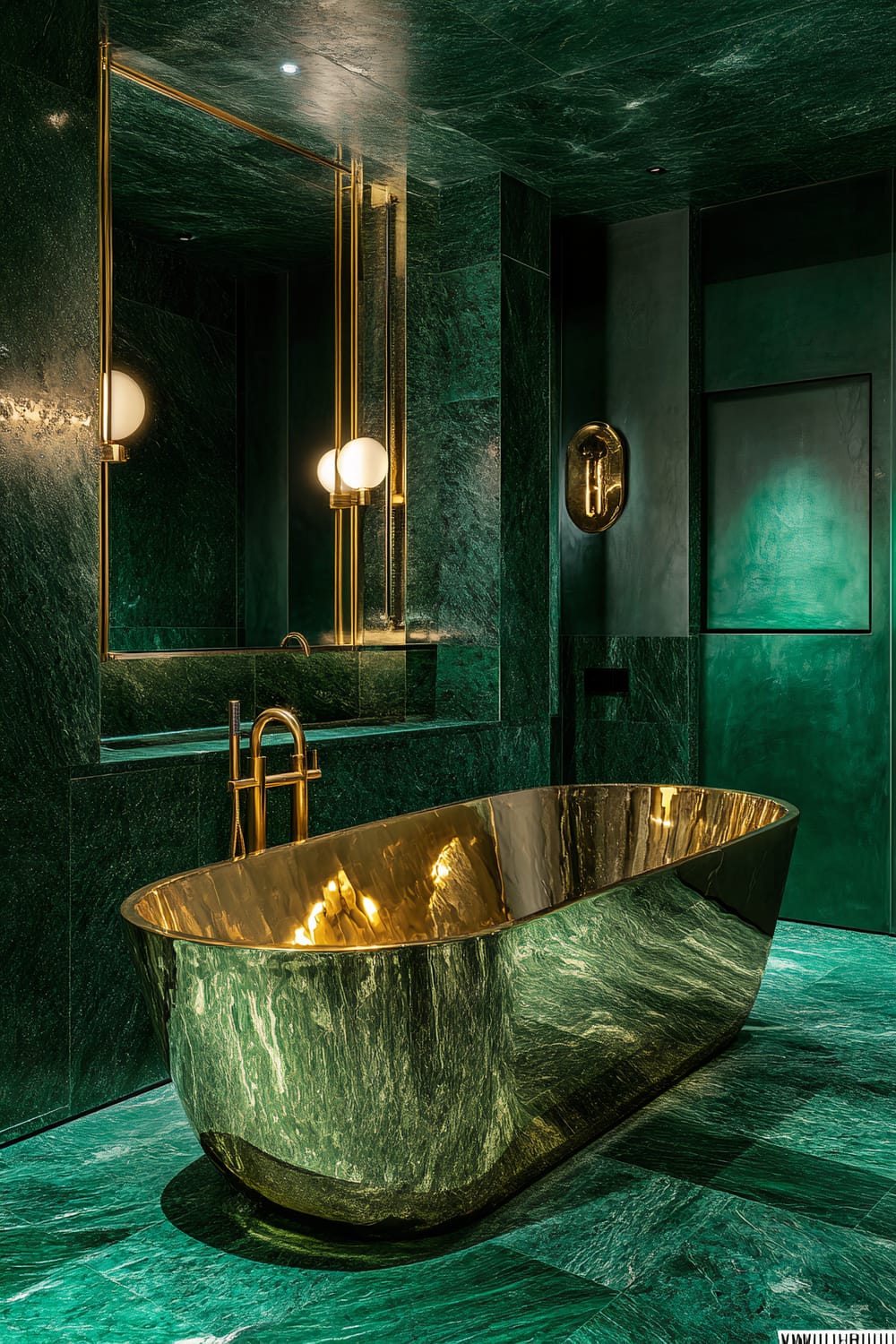 A modern bathroom with an opulent design. The room is dominated by rich green marble on the floors, walls, and ceiling. A striking gold bathtub with a shiny reflective surface stands out in the center. Above it hangs a large mirror framed in gold, with two spherical light fixtures mounted on either side. A gold faucet complements the luxurious feel. The overall effect is one of luxury and sophistication.