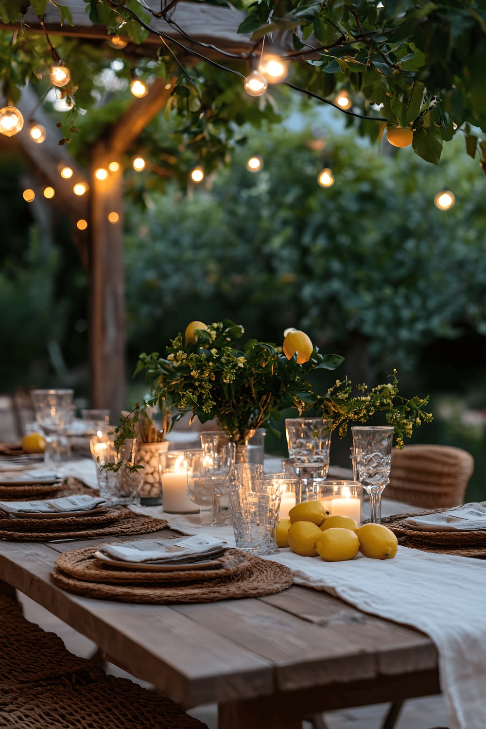 A Mediterranean-inspired outdoor dining area at dusk. The scene features a rustic wood table draped with a linen table runner. Homemade lemon candles and twinkling string lights contribute to the serene ambiance.