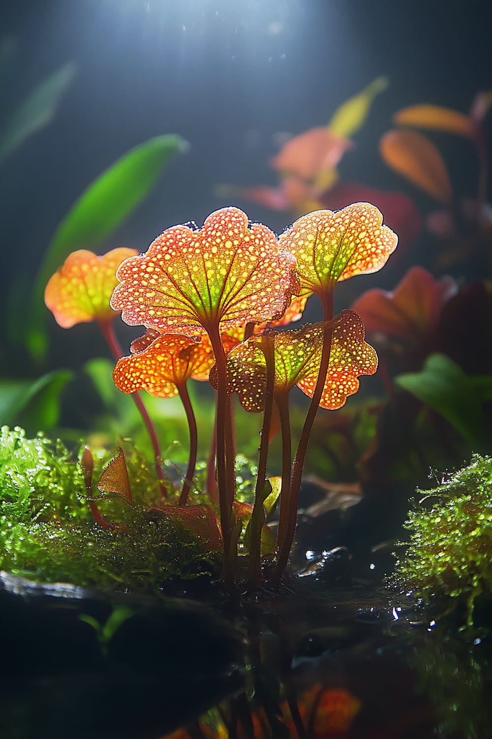 A close-up image of vibrant underwater aquatic plants illuminated by a soft light. The plants have intricate, translucent leaves with a reddish-orange hue, and are surrounded by lush green moss. The leaves have detailed patterns resembling tiny dots and veins, creating a stunning visual effect.