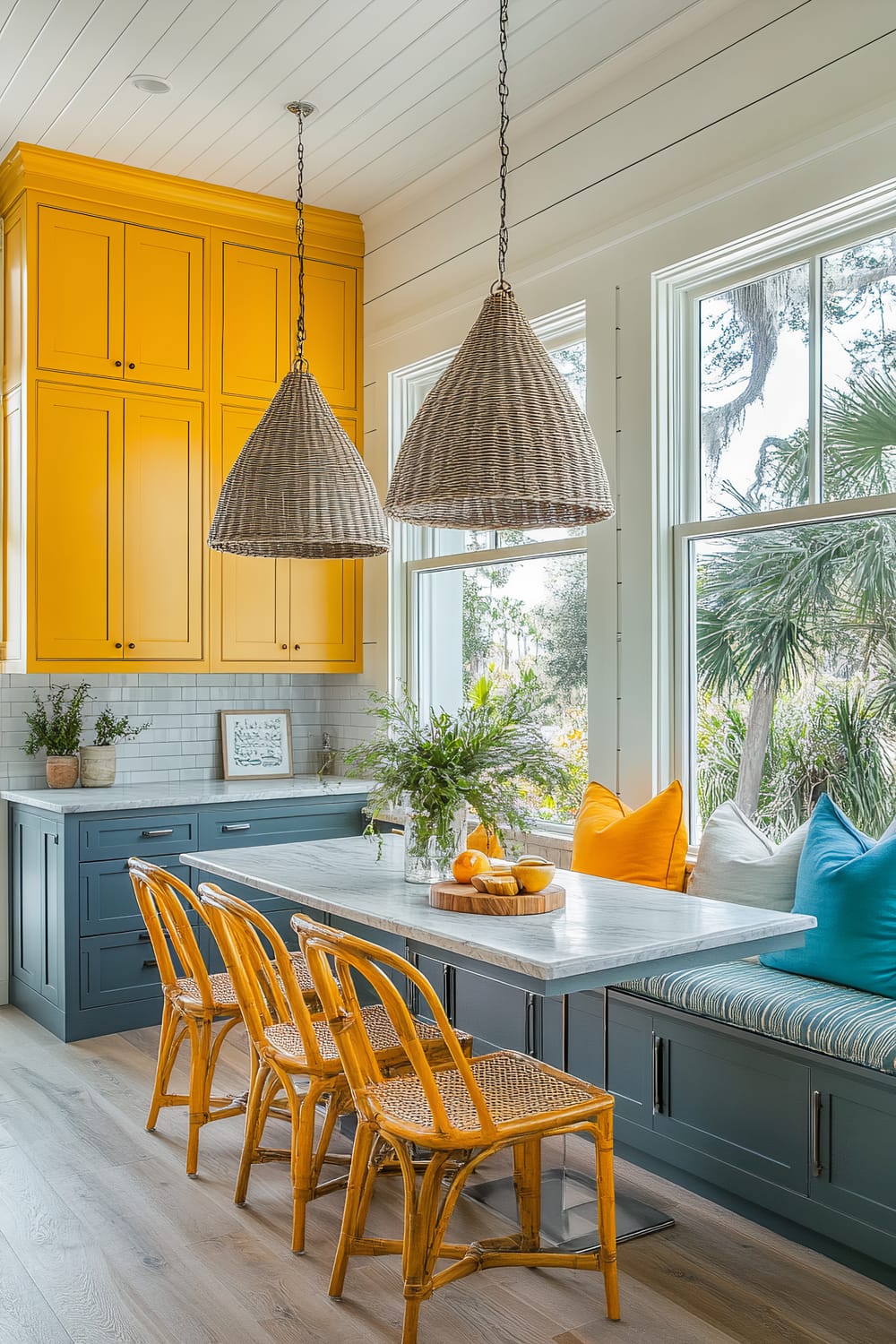 An inviting kitchen space with a blend of vibrant colors and natural textures. Bold yellow cabinets are complemented by dark blue lower cabinetry. A white marble countertop extends into a seating area with rattan chairs and a cushioned bench with colorful pillows. Two large, woven pendant lights hang from the ceiling, while large windows provide a scenic view of greenery outside.