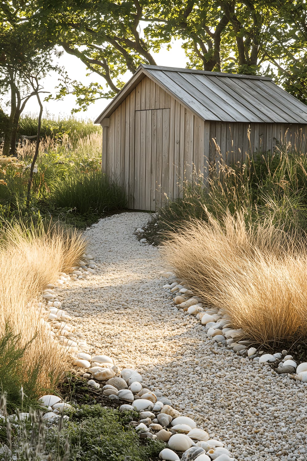 A bright and breezy photo depicts a light wooden shed located in a coastal garden. The shed has a gently weathered finish, enhancing its rustic charm. A curving pebble path, studded with scattered seashells, leads to the shed, guiding the viewer into the scene. The garden is populated by grasses, specifically adapted to the salty seaside air, which sway rhythmically in the beachside breeze. The whole scene is bathed in clear, daylight reflecting off the seaside, creating a harmonious and peaceful setting.