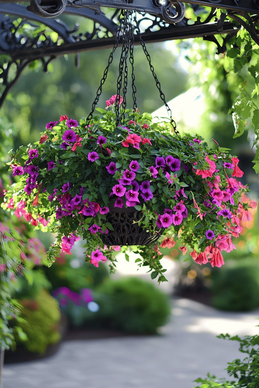 A lively outdoor scene featuring a variety of lush, hanging basket planters brimming with fuchsia, ivy, and creeping jenny plants. These are carelessly suspended from an ornate, black, wrought iron pergola. A warm, gentle breeze seems to lightly animate the arrangements, emphasizing their vibrant, rich colors and generating an atmosphere of garden abundance and flowering life.