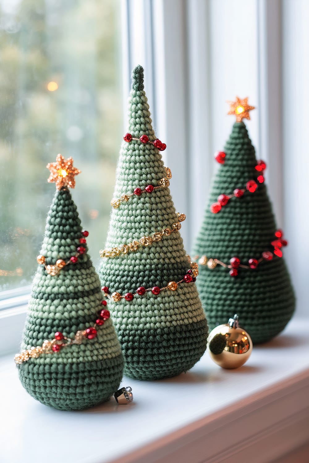 Three knitted Christmas trees decorated with red and gold beads sit on a windowsill. Each tree has a differently designed glowing star on top, with a few golden ornaments placed alongside them.