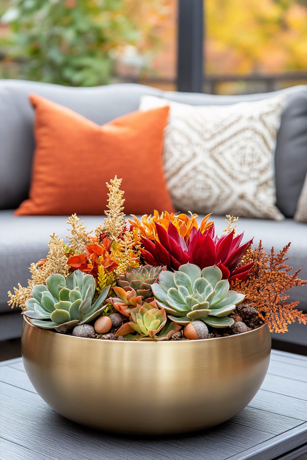 A close-up of a stylish patio scene featuring a gold bowl filled with a variety of succulents, with vibrant green and red leaves, along with small decorative elements like acorns. The bowl is placed on a black table. In the background, there is a gray couch with orange and patterned white pillows.