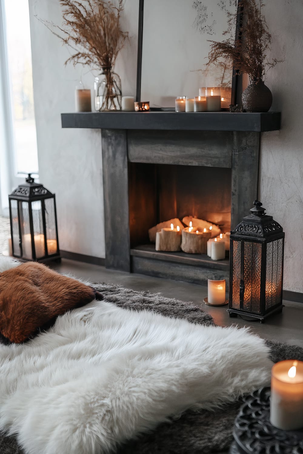 A warm and inviting living room setting with an emphasis on tactile elements. The scene features a dark, rustic fireplace adorned with several lit candles on its mantel and inside the fireplace. On the mantel, there are decorations such as dried plants in vases. The floor has a layered arrangement of soft, plush white and dark brown rugs. There are also large, black lanterns with candles inside them placed on the floor next to the fireplace. A soft, fluffy throw and a brown cushion are casually placed on the rugs, enhancing the cozy atmosphere.