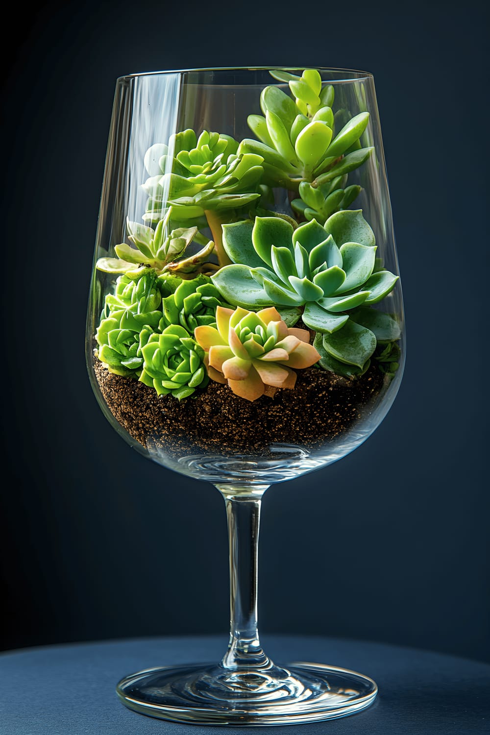 A sleek champagne glass, repurposed into a miniature plant terrarium. Inside the glass is a mix of gravel and soil, in which three distinct kinds of succulent plants are growing. The glass is set on an elegant, round, black base for stability. All of this is set against a deep navy blue backdrop.