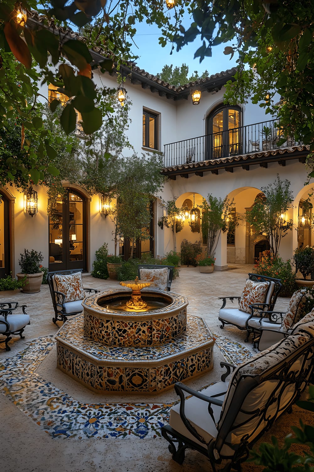 A wide-angle view of an outdoor lounge area inspired by Barcelona’s traditional Catalan aesthetics. This elegant space features wrought iron garden furniture adorned with rich jewel-toned cushions. A vibrant mosaic-tiled fountain is the centerpiece, surrounded by potted olive trees and bougainvillea. Decorative lanterns and string lights lend warm illumination in the evening, and stone pathways interwoven with terracotta planters enhance the traditional feel.