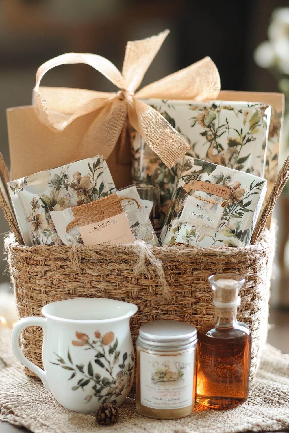 A thoughtfully arranged gift basket is displayed, featuring items that evoke a peaceful and organic aesthetic. The basket itself is woven from natural fibers and includes an assortment of items with botanical prints: a notebook, greeting cards, and a beautifully wrapped package. Accompanying the basket are a white ceramic mug adorned with floral designs, a honey-colored candle in a tin, and a small glass bottle filled with amber liquid, sealed with a cork. The entire arrangement rests on a burlap cloth, enhancing the rustic charm, while a beige ribbon with a bow sits atop the basket, tying the look together.