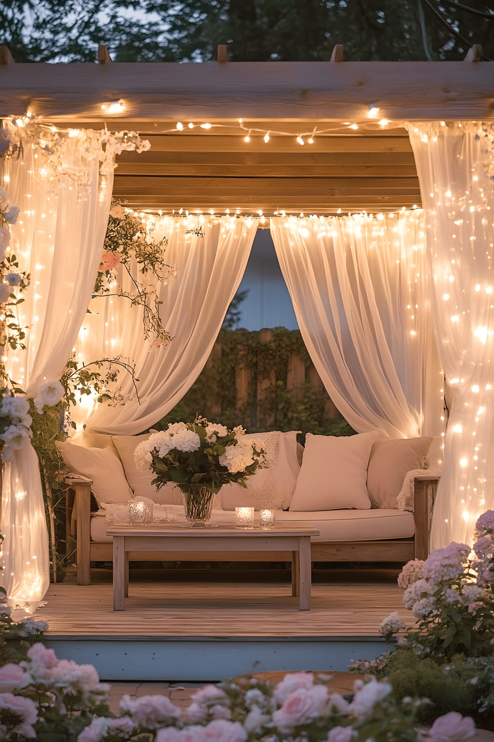 A whimsical garden gazebo during twilight, surrounded by blooming hydrangeas and climbing roses. The gazebo is draped with sheer white curtains and adorned with twinkling fairy lights. Inside, a soft loveseat with pastel-colored cushions and a small wooden coffee table holding a vase of fresh flowers are placed.