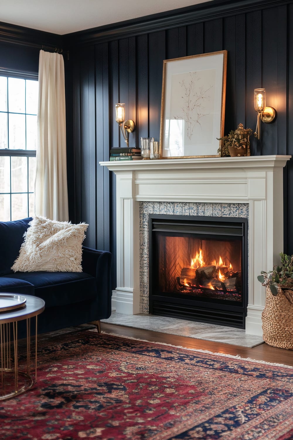 An inviting living room with a cozy fireplace. The backdrop features a dark navy shiplap wall with white crown molding. The white fireplace mantel holds decorative items like a framed botanical artwork, books, and greenery. Two brass wall sconces flank the mantel. To the left, a dark blue couch with a plush white throw pillow is visible. A red and navy oriental rug and a window adorned with cream curtains complete the space.