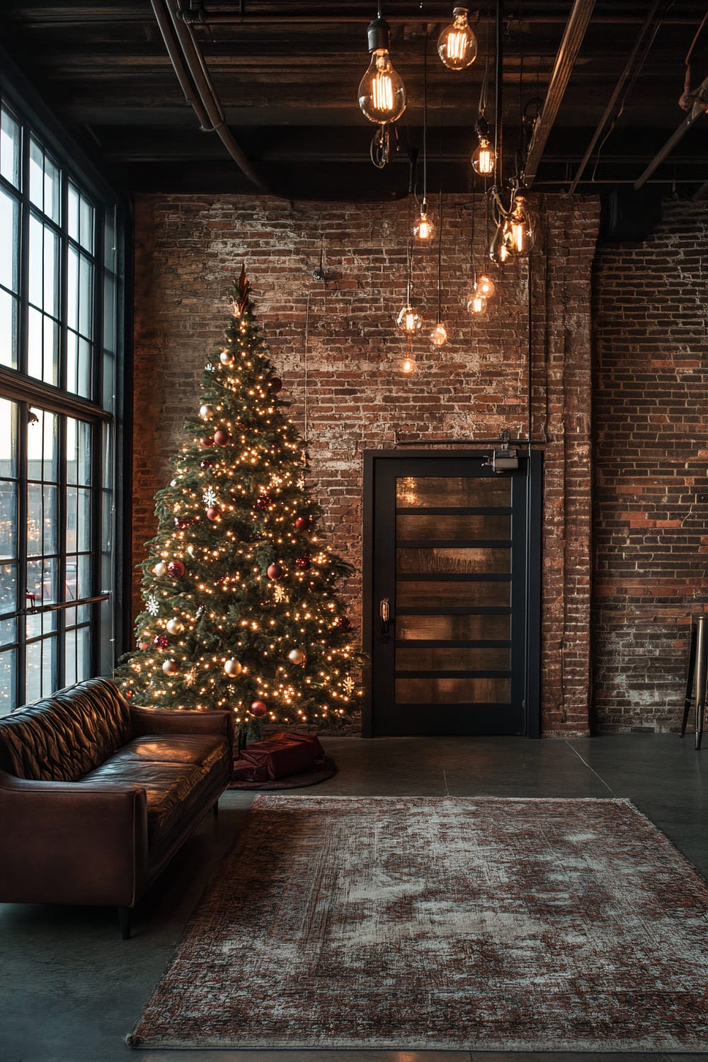 An industrial loft featuring a vintage metal Christmas tree adorned with lights and ornaments, flanked by exposed brick walls. The space includes dark wood accents and dramatic Edison bulb lighting hanging from the ceiling. A leather sofa and a large area rug are also part of the decor.