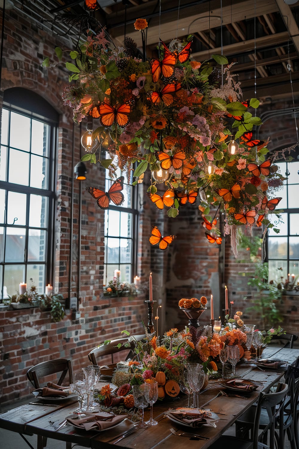 A rustic dining area is resplendent with a wooden table set for a meal, adorned with glassware, napkins, and an abundance of autumnal floral arrangements. Above the table, a large chandelier made of flowers, greenery, lightbulbs, and vibrant orange butterflies adds a whimsical touch. The walls are made of exposed brick with large arched windows, letting in natural light. Candles along the windowsills enhance the warm ambiance.