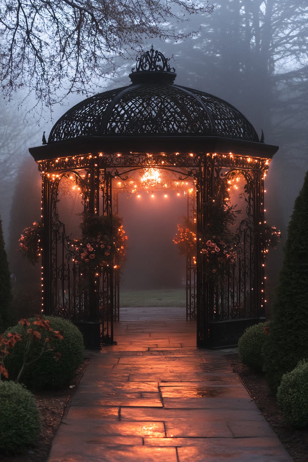 A luxurious outdoor gazebo, intricately designed with black ironwork, is decorated for Halloween. The gazebo is illuminated by ethereal fairy lights that cast an eerie, warm glow. Dark floral arrangements hang from the ironwork, adding to the sophisticated yet haunting ambiance. Subtle fog on the ground enhances the mysterious atmosphere. The dramatic twilight lighting and posh garden setting provide a hauntingly beautiful backdrop.