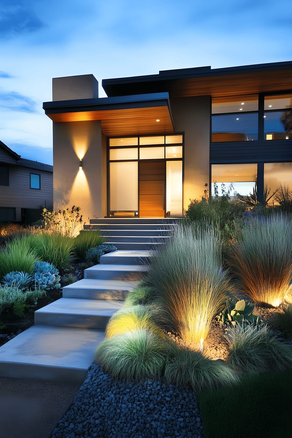 A sleek contemporary house, its façade made of largely of glass and steel, sits in a landscaped front yard. The yard is designed with smooth concrete pavers as walkway, it boasts aesthetically pleasing succulents, clusters of soft ornamental grasses and an area for a minimalist rock garden.