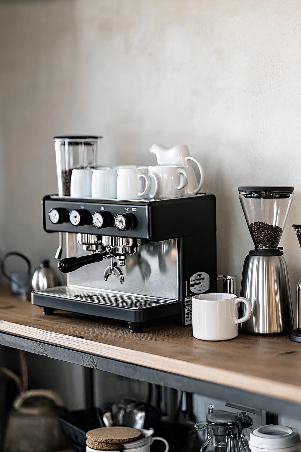 A modern coffee station setup on a wooden counter. The centerpiece is a sleek, stainless steel espresso machine with a single black handle and multiple gauges and knobs. On top of the espresso machine are several white ceramic mugs and a small white milk jug. To the side of the espresso machine is a coffee grinder with coffee beans visible in its transparent container. Various other coffee accessories, including a silver carafe, white mugs, and a jar with a cork lid, are around the espresso machine.