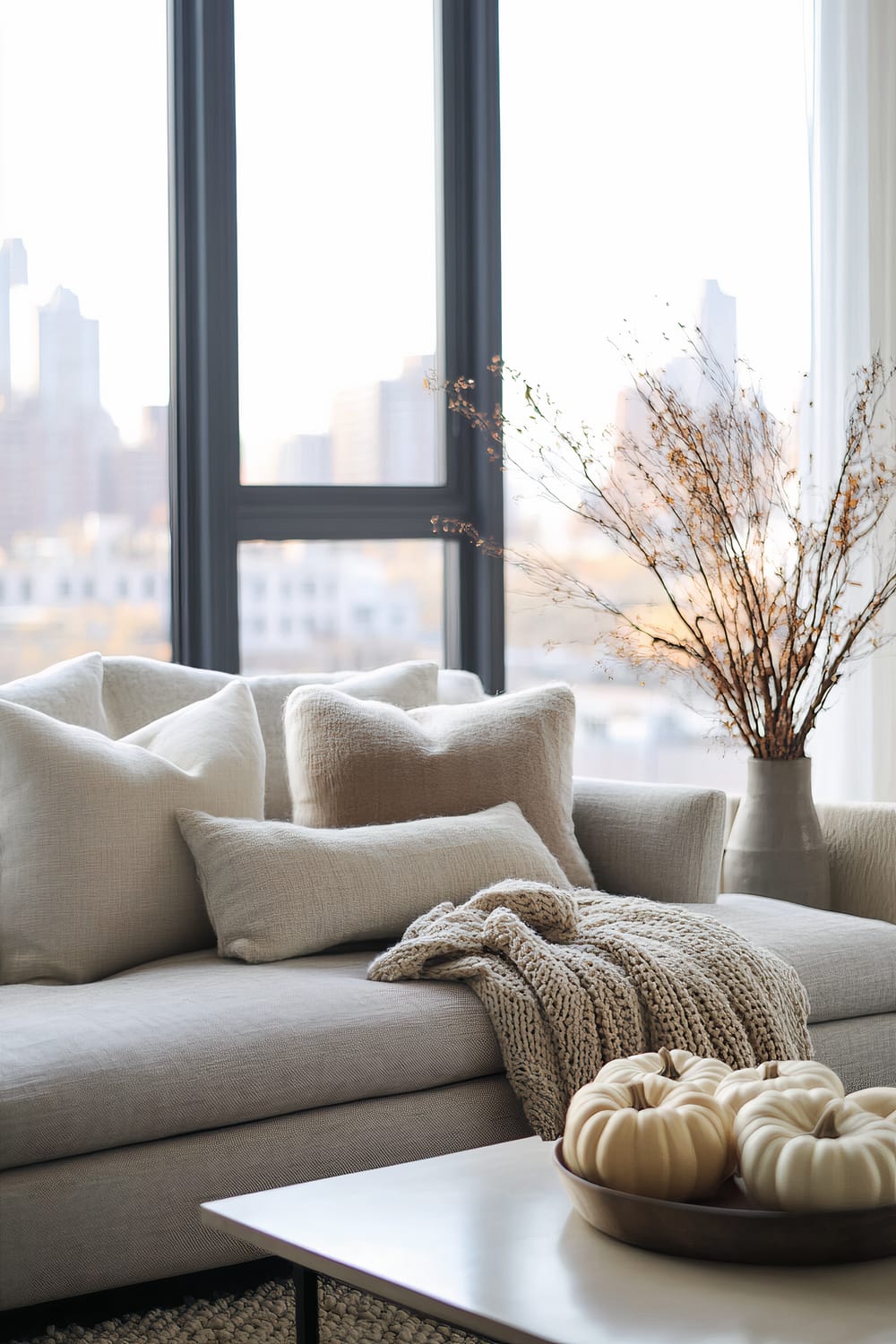 A modern living room with large windows offering a view of the cityscape. The space features a light grey sofa adorned with a combination of textured and smooth cream and beige cushions, and a chunky knit throw. On a nearby coffee table, there is a wooden bowl with decorative beige mini pumpkins. A large vase with dried branches is also placed beside the sofa, adding a touch of nature to the contemporary setting.