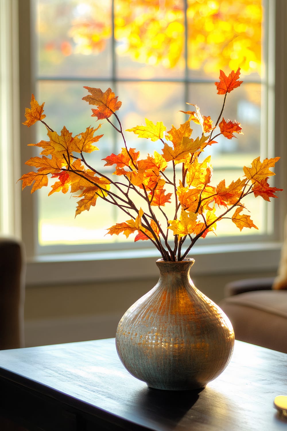 A coffee table vignette featuring a round, ceramic vase with a textured surface holding branches of fall foliage in vibrant yellows and reds. The scene is well-lit, with the light creating a strong focus on the vase and leaves. The background includes a window with a view of autumnal scenery with yellow and orange leaves.