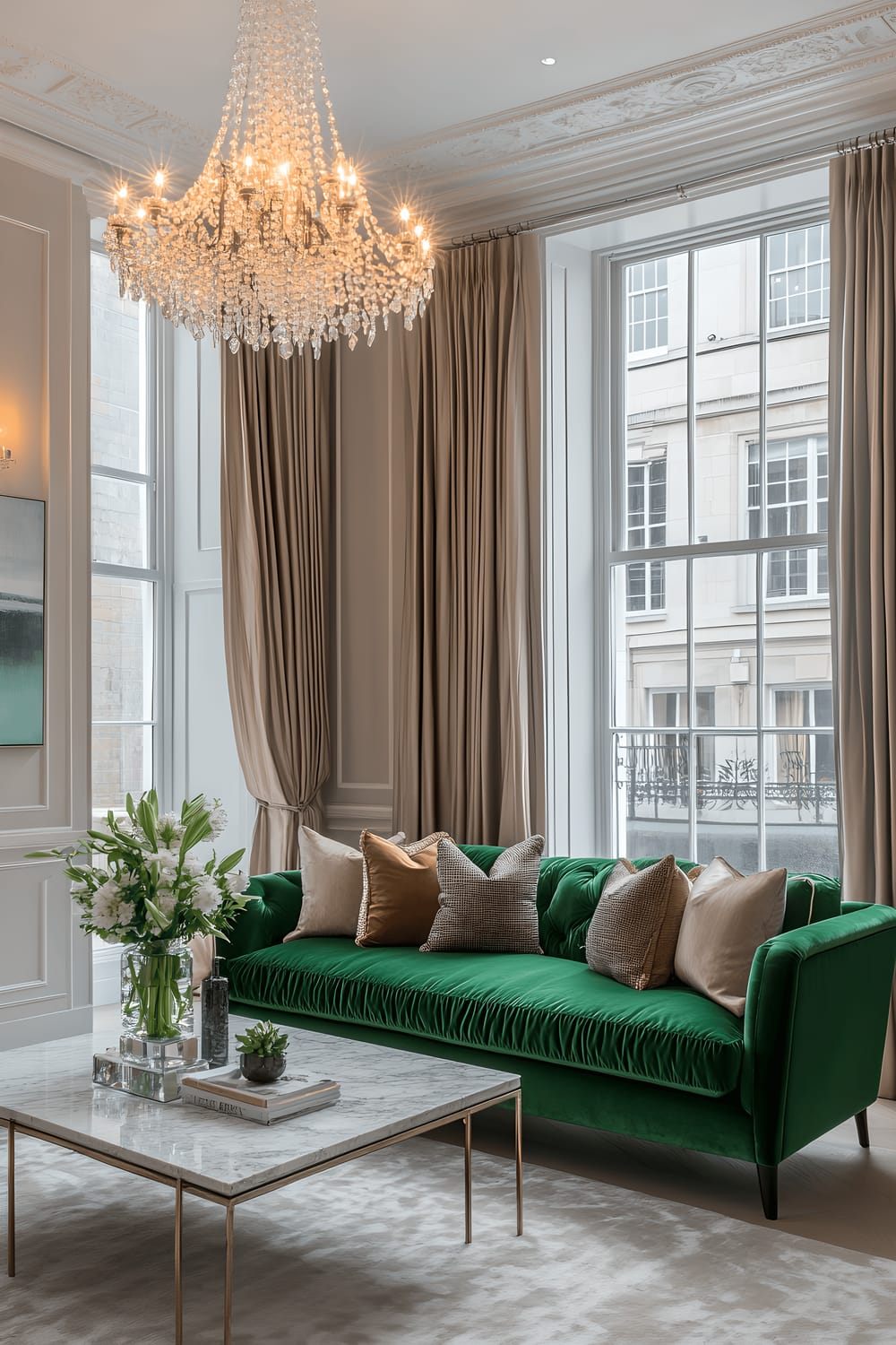 An opulent living room in Mayfair with a grand crystal chandelier casting light on a rich, emerald green velvet sofa, a marble coffee table, and marble-accented walls, with large windows revealing elegant streets. Heavy drapes add a sense of timeless luxury.