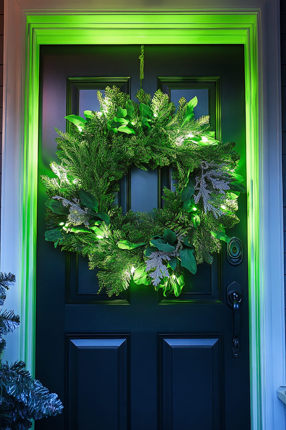 A large, fluorescent green wreath with metallic silver accents is hung on a simple black porch door. The wreath is illuminated by bold green lighting, creating striking contrasts and highlighting its intricate details.