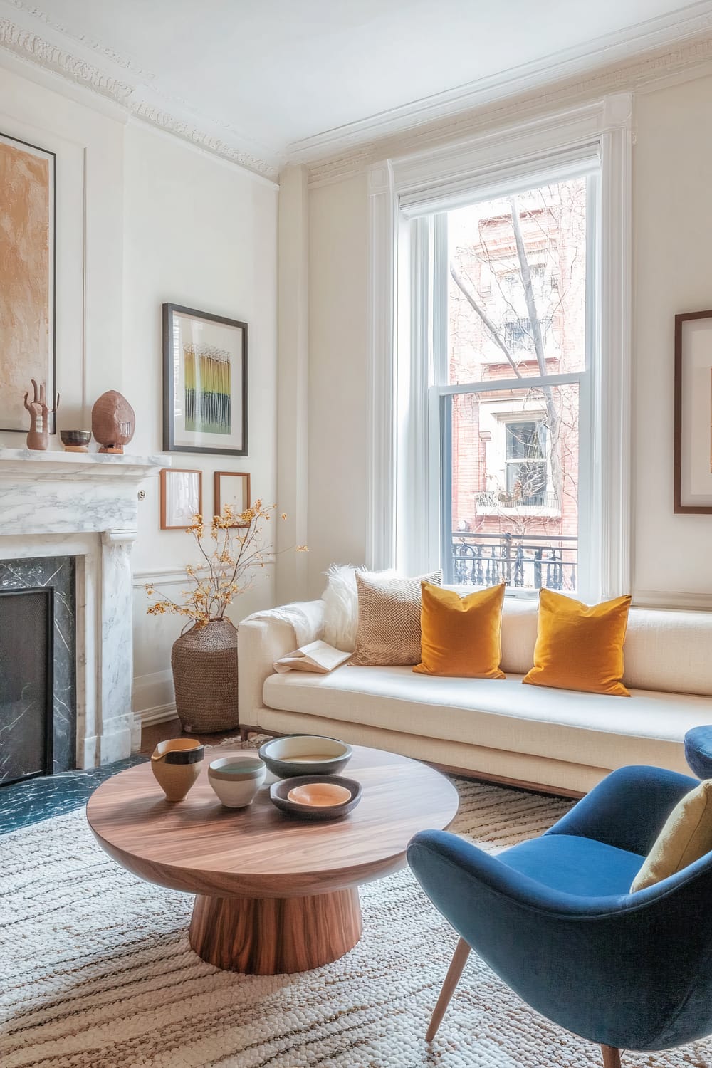 A chic townhouse living room featuring a blend of artistic flair and cozy textures. Built-in benches with rust and mustard cushions are positioned near a sleek marble fireplace. A plush blue armchair faces a minimalist cream sofa adorned with mustard yellow throw pillows. A round wooden coffee table displays abstract ceramic dishes, while a gallery wall of art prints adds visual interest. The space is completed with a soft geometric rug that ties in playful and warm tones throughout the room.