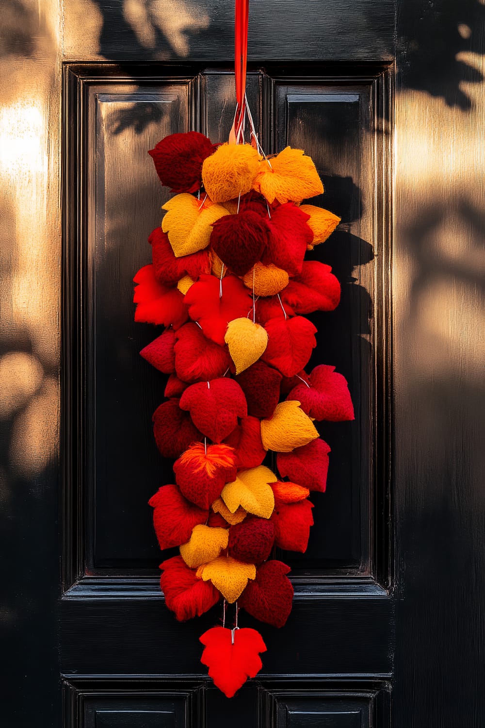 A black-painted wooden door adorned with a vibrant hanging arrangement of felt leaves in shades of red, orange, and yellow. The design features a bunch of hand-crafted leaves that cascade down from a red ribbon at the top, creating a bold and colorful autumnal decoration.