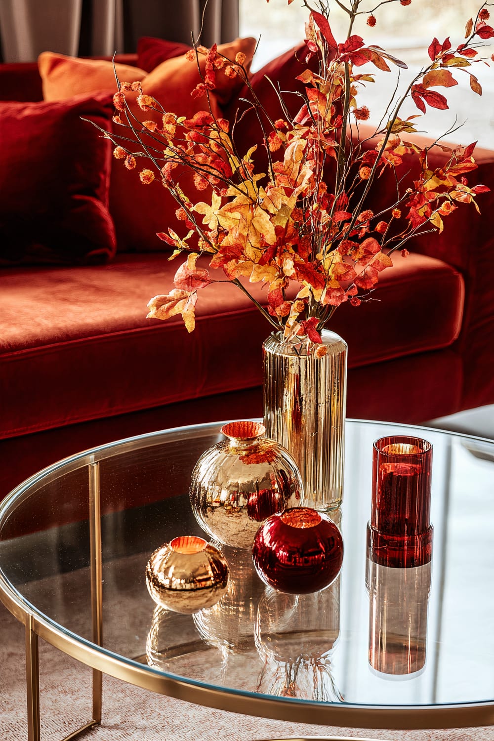 An elegant glass-top coffee table displays a centerpiece arrangement featuring a variety of metallic and glass decorations in gold and red hues. The centerpiece includes a gold vase with autumnal red and orange foliage, two small gold spherical vases, a larger red spherical vase, and a tall red glass candle holder. In the background, a rich red velvet sofa with red and orange cushions enhances the warm and luxurious ambiance of the scene.