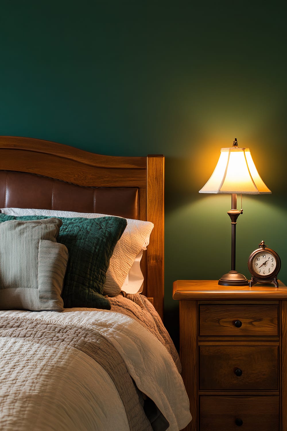 A bedroom with deep green walls, featuring a wooden bed with a brown leather headboard, a neatly made bed with green and beige pillows, a wooden nightstand with a brass lamp emitting a soft yellow light, and an old-fashioned round clock.