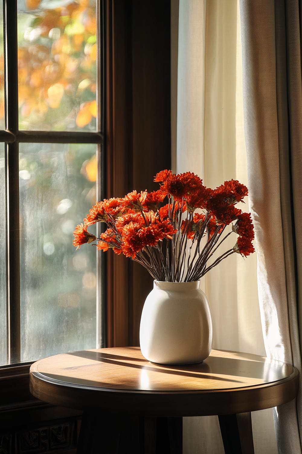 A white ceramic vase filled with vibrant, orange flowers sits on a wooden side table next to a window. Sunlight streams through the window, casting soft shadows and highlighting the texture of the flowers and the polished surface of the table. A beige curtain partially frames the scene.