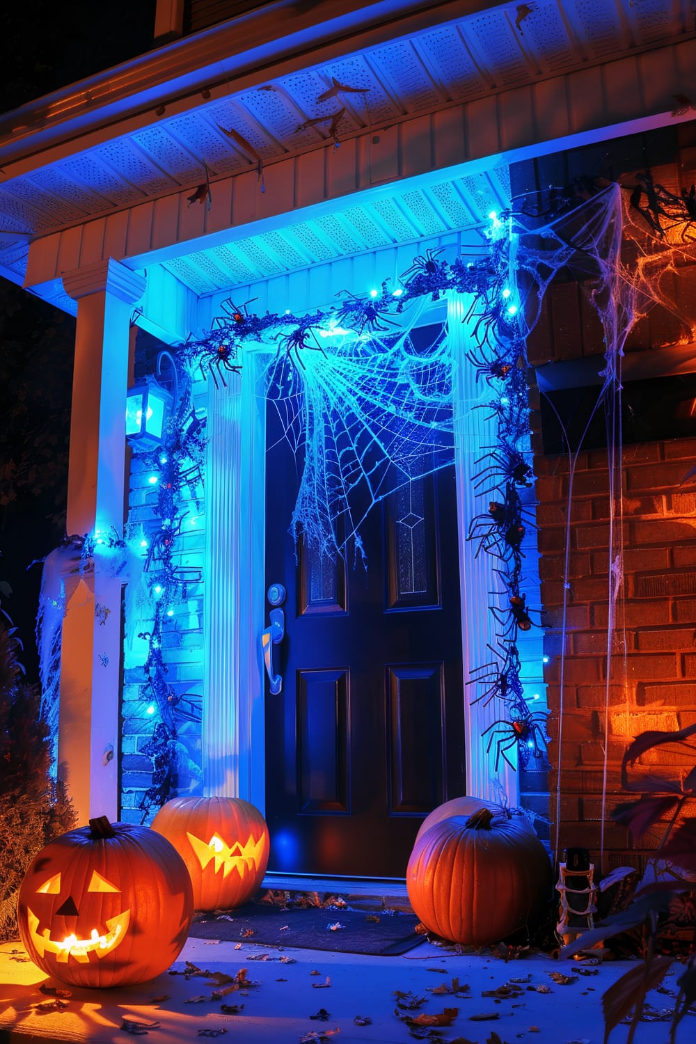 A front porch decorated for Halloween features a dark-colored door framed by white pillars and adorned with fake cobwebs and large, black synthetic spiders. Blue lights create an eerie atmosphere, while jack-o'-lanterns with lit candles inside are placed on the steps, each featuring different carved faces. Dry leaves are scattered on the steps, and a lantern hanging to the left of the door is also illuminated in blue.