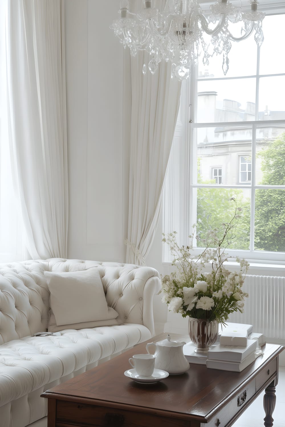 An elegant interior of a high-ceilinged Kensington flat. Features include a cream Chesterfield sofa against white stucco walls, a vintage crystal chandelier casting warm light over a dark wooden coffee table topped with a porcelain tea set. Large windows with sheer white curtains offer a view onto a lush garden.