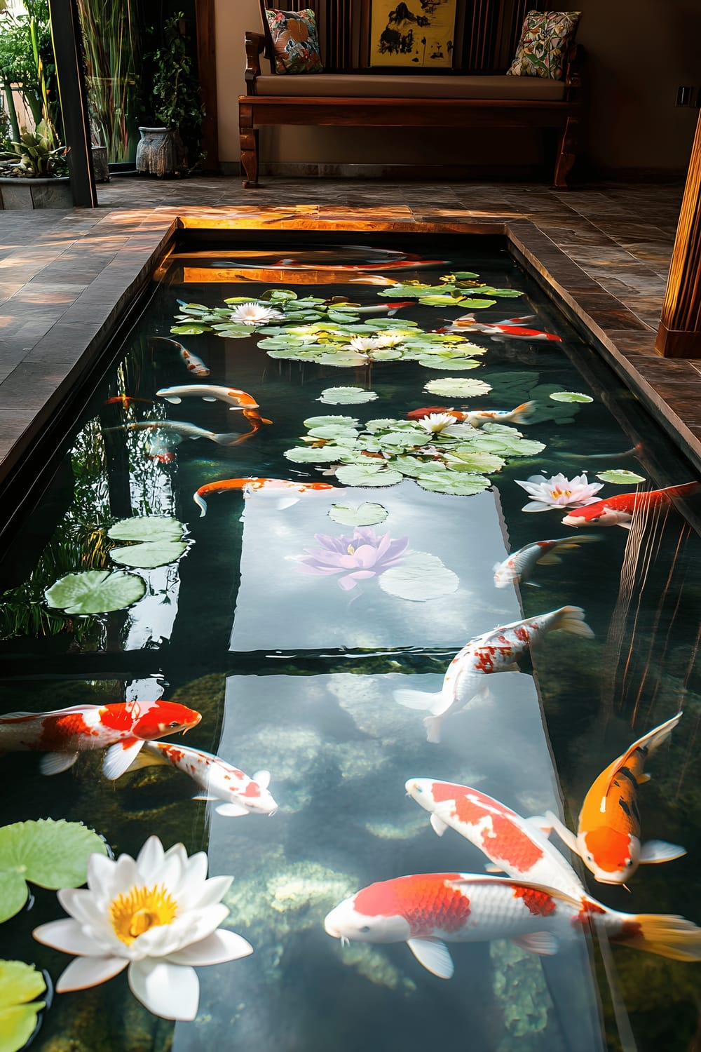 The image shows a peaceful patio set up over a koi pond, with translucent panels in the floor allowing a clear view of the vibrant fish below. An elegant acacia bench is situated at the edge of the patio, surrounded by lush water lilies and lotus flowers. Gentle light bounces off the pond, casting delicate wave patterns on the patio ceiling.