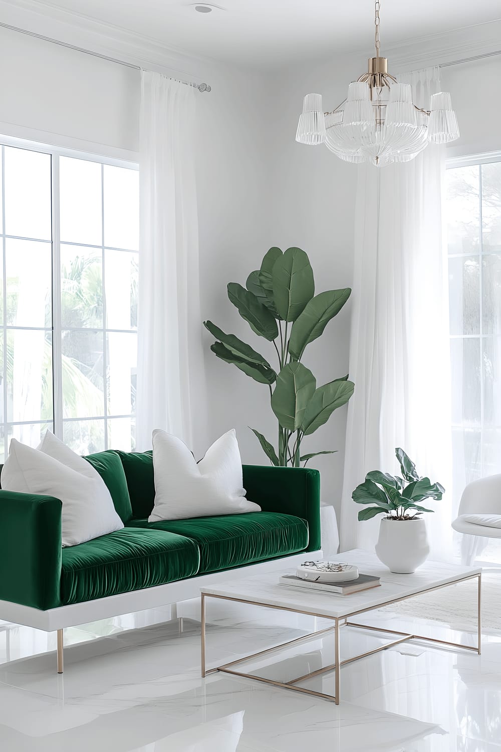 The image depicts an airy, minimalist living room dominated by white hues, punctuated by a vibrant, emerald green velvet sofa and a matching chandelier. Pristine white marble floors stretch beneath minimalist white furniture, including a glass coffee table and side tables, all surrounded by sheer white curtains. A tall, lush fiddle leaf fig tree stands in a white pot, matching the room's neutral palette. Natural sunlight streams in from wall-to-wall windows, highlighting the striking contrast between the green and white elements.