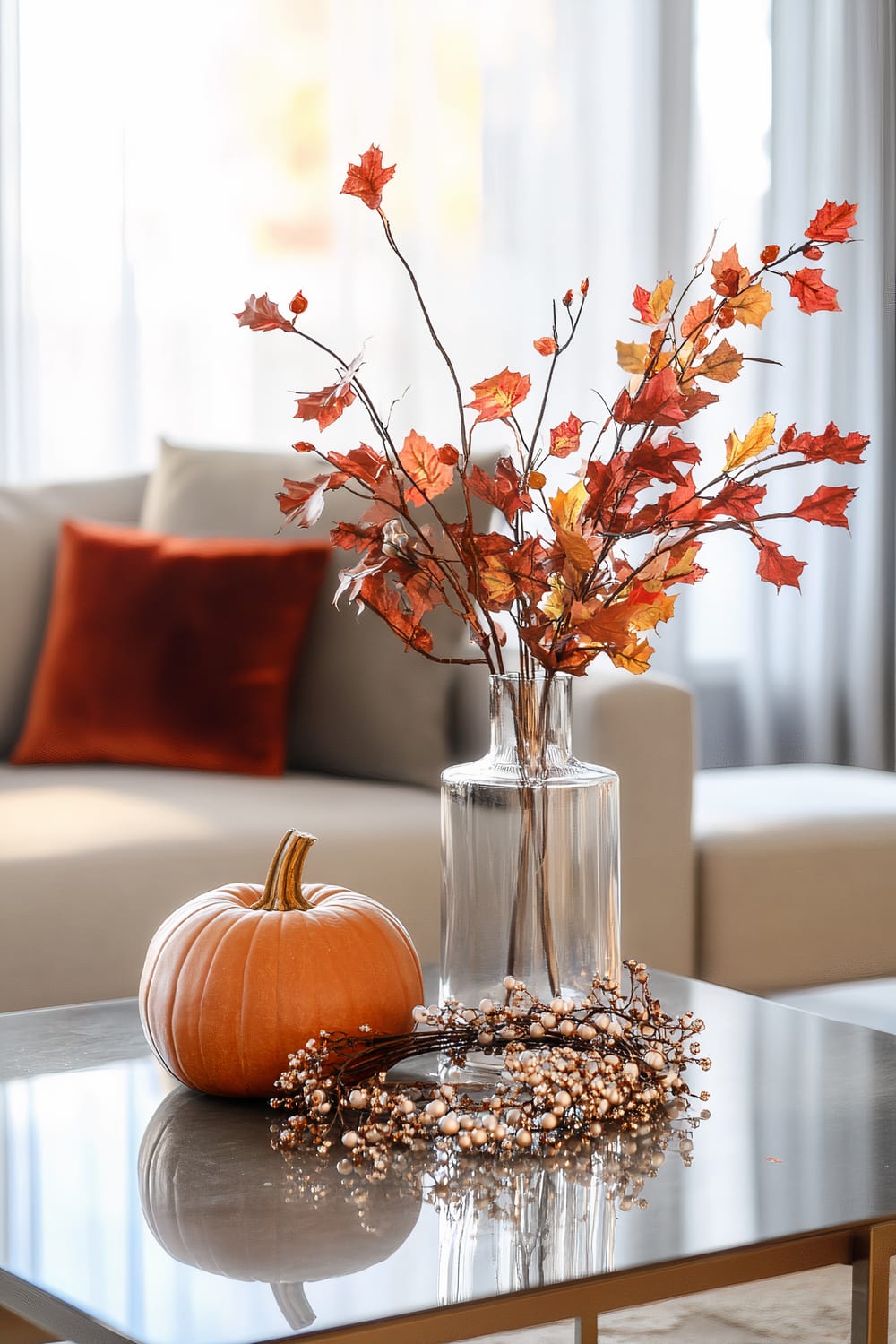 A modern living room with a sleek glass table featuring a pumpkin, a glass vase with fall foliage, and a pearl-accented wreath. The background shows a beige sofa with an orange throw pillow, against softly lit white curtains.