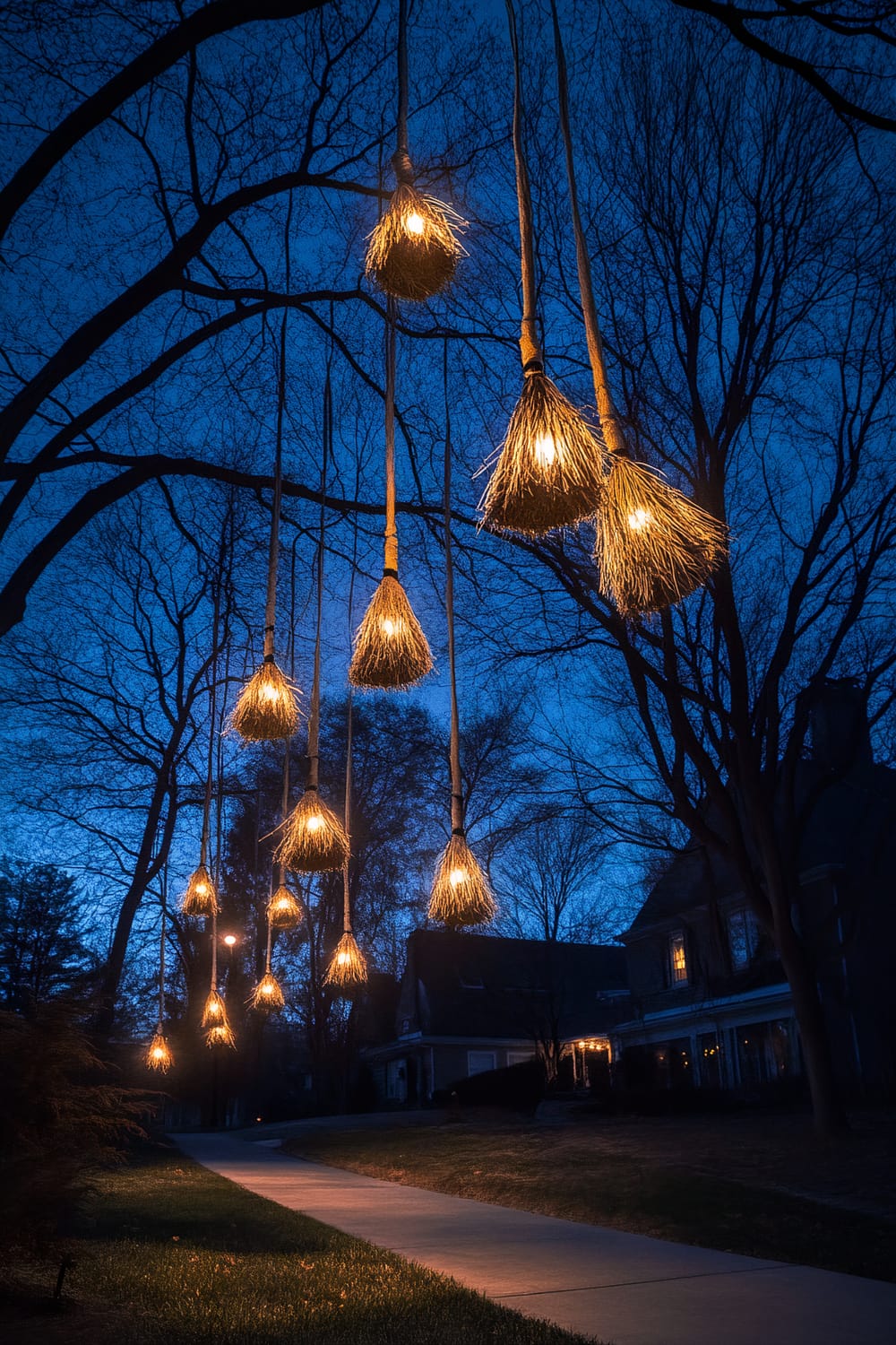 A nighttime Halloween decoration displaying several broomsticks with glowing tips hanging above the front yard of a suburban home. The broomsticks are suspended from tree branches, resembling a magical flight with the full moon illuminating the scene. The front yard includes a simple walkway and leafless trees, adding to the eerie atmosphere.