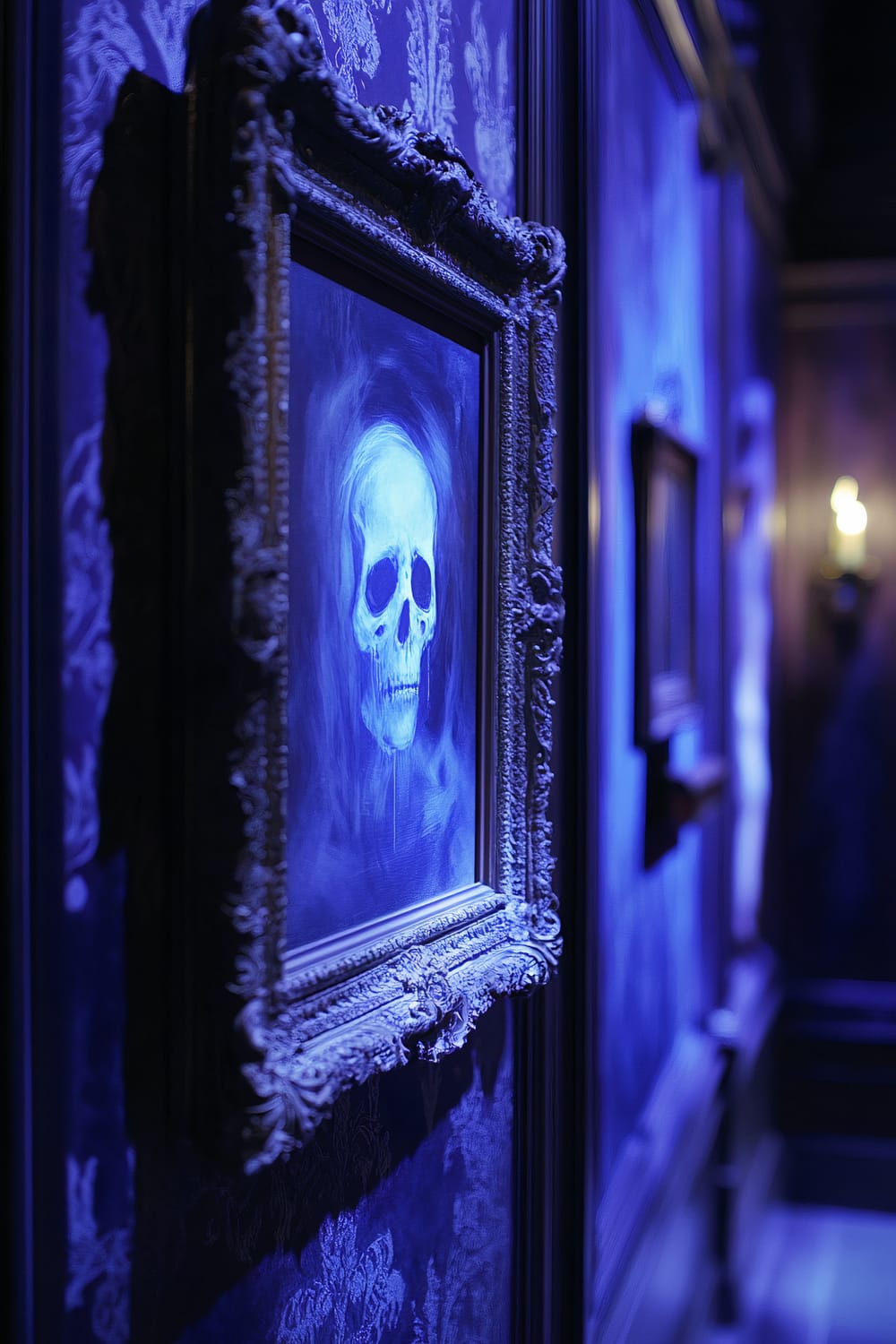 A close-up of an ornate portrait frame featuring a spectral skull-like image, set against a dark navy wall in an opulent mansion's art gallery. Focused lighting creates an eerie glow around the ghostly figure in the portrait. In the background, a dimly visible, haunted mirror seemingly reflects another ghostly figure, enhancing the spooky atmosphere.