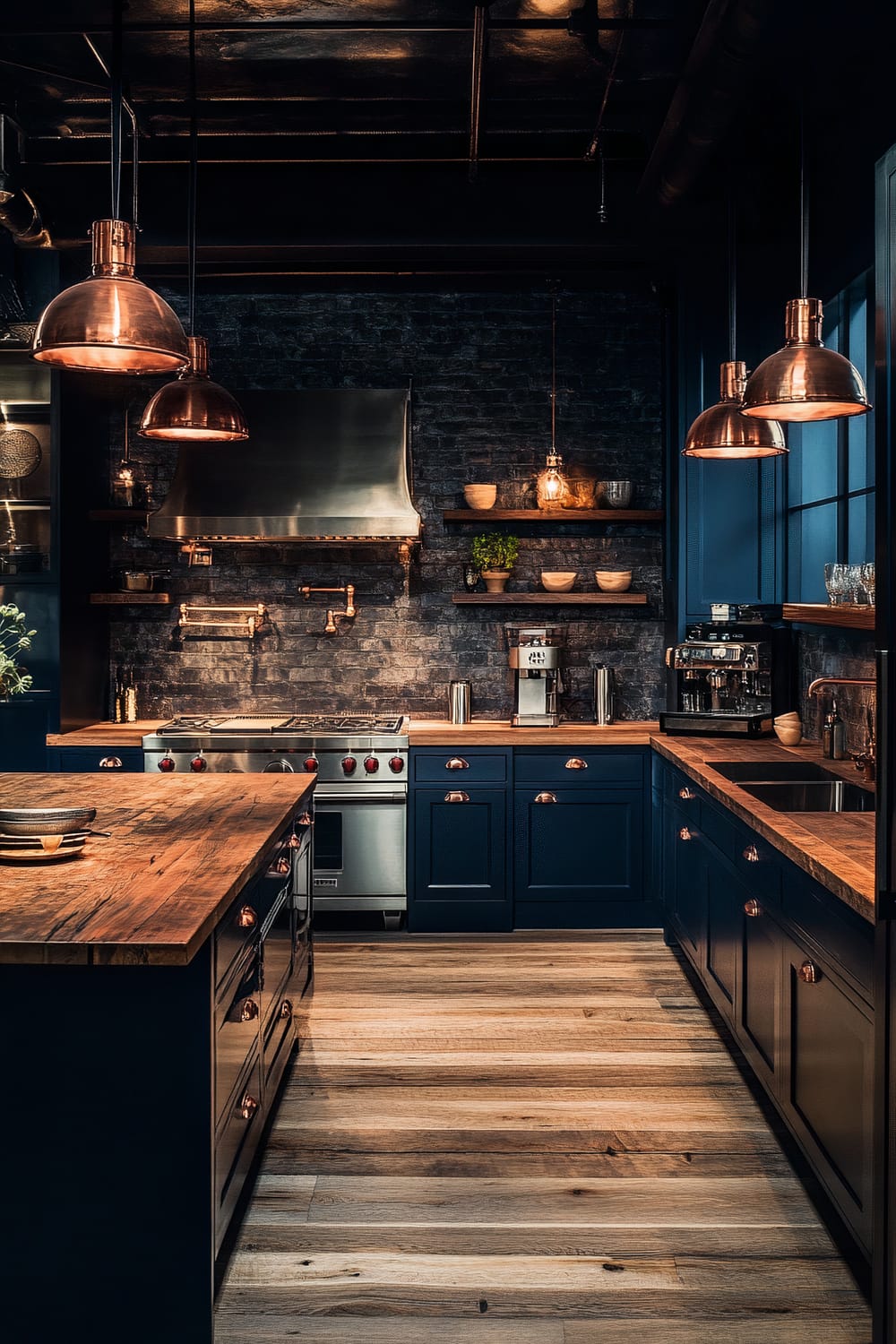 A dramatic farmhouse kitchen with navy blue cabinetry and matte black countertops. Copper pendant lights hang over a large wooden island. A stainless steel range with vintage knobs and a built-in espresso machine sit against an exposed brick wall. The kitchen features reclaimed wood flooring and rich textures throughout.