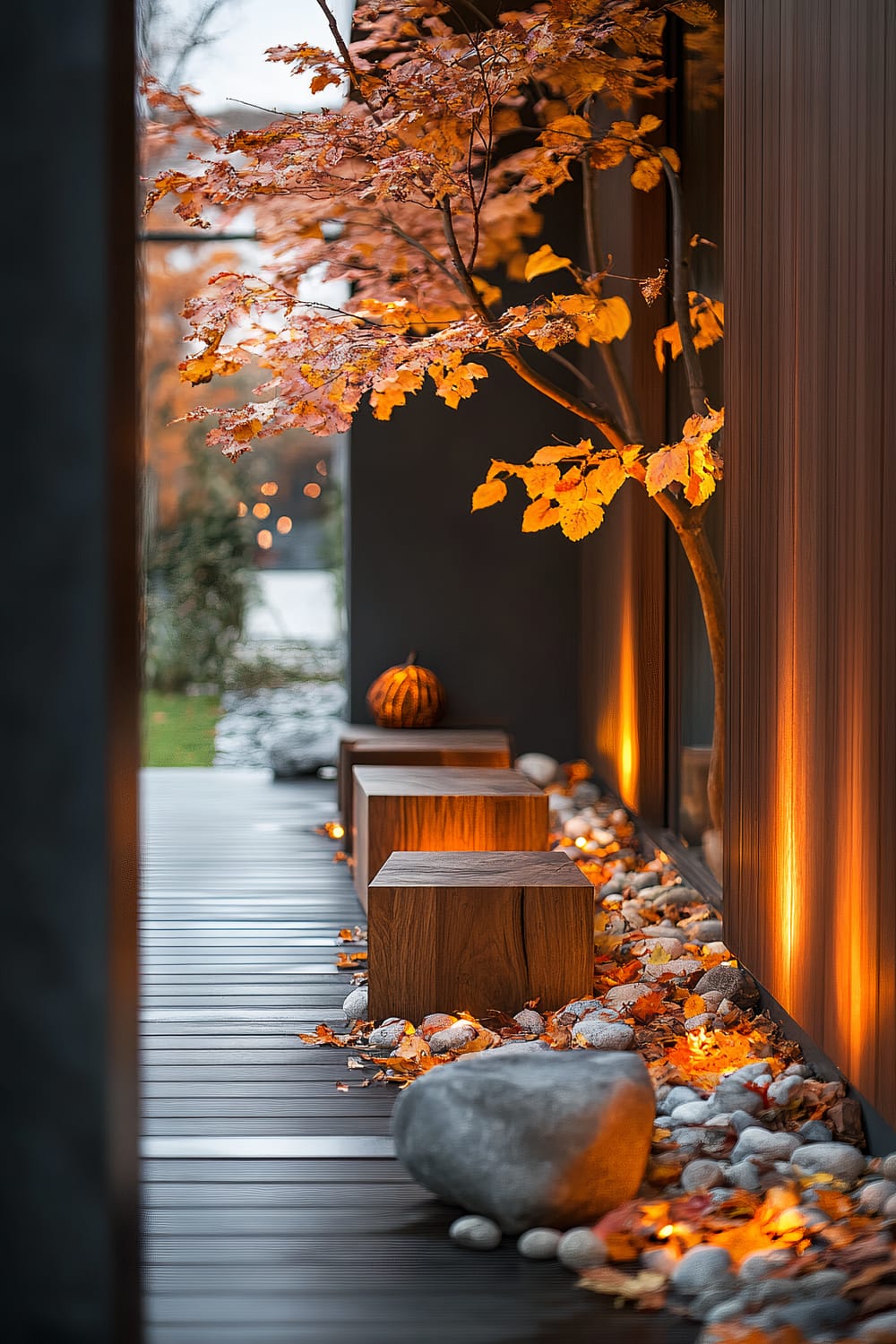 A modern exterior walkway adorned with autumnal elements. The view reveals a pathway of dark wooden planks lined with natural gray stones and vibrant fallen leaves. Three cube-shaped wooden stools are strategically placed along the path. Warm lighting illuminates the foliage of a nearby tree with orange leaves, creating a serene ambiance. In the background, a pumpkin sits atop one of the wooden stools, adding to the autumnal theme. The scene is framed by sleek, dark walls, complementing the natural elements with a contemporary touch.