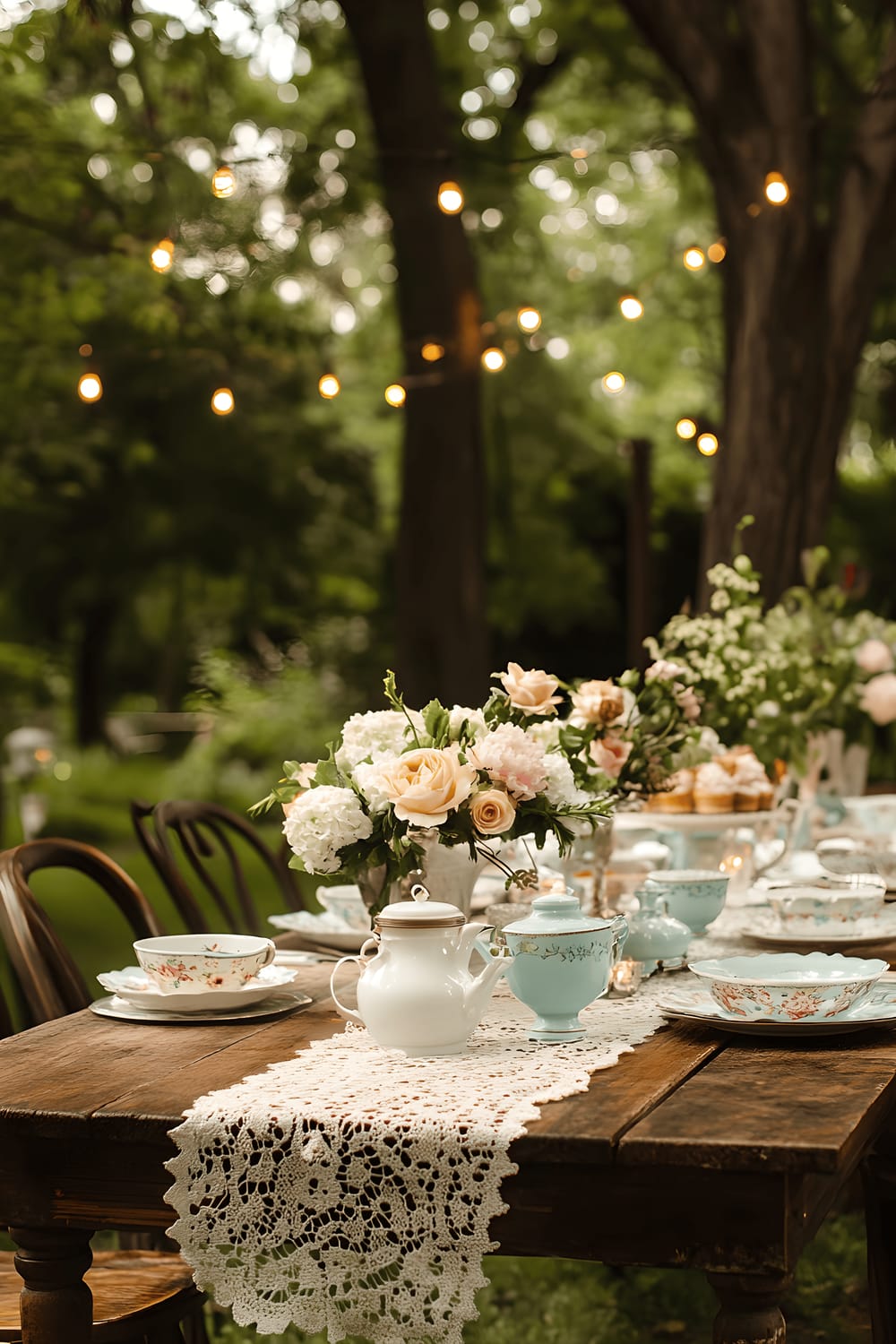 A picturesque vintage-style outdoor tea party set in a verdant backyard during the evening. A vintage wooden table is adorned with delicate china, fresh floral arrangements, and a pastel lace table runner. Surrounding the scene is a string of twinkling fairy lights, adding a soft magical glow to the setting.